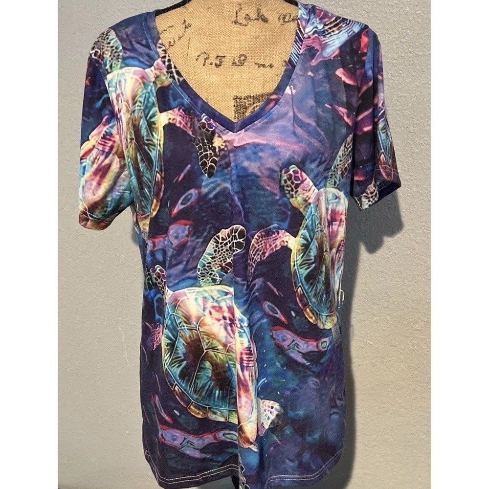 Unbranded Sea Turtle Graphic Tee Women XL Multi‎ Excellent V-Neck Short Sleeve